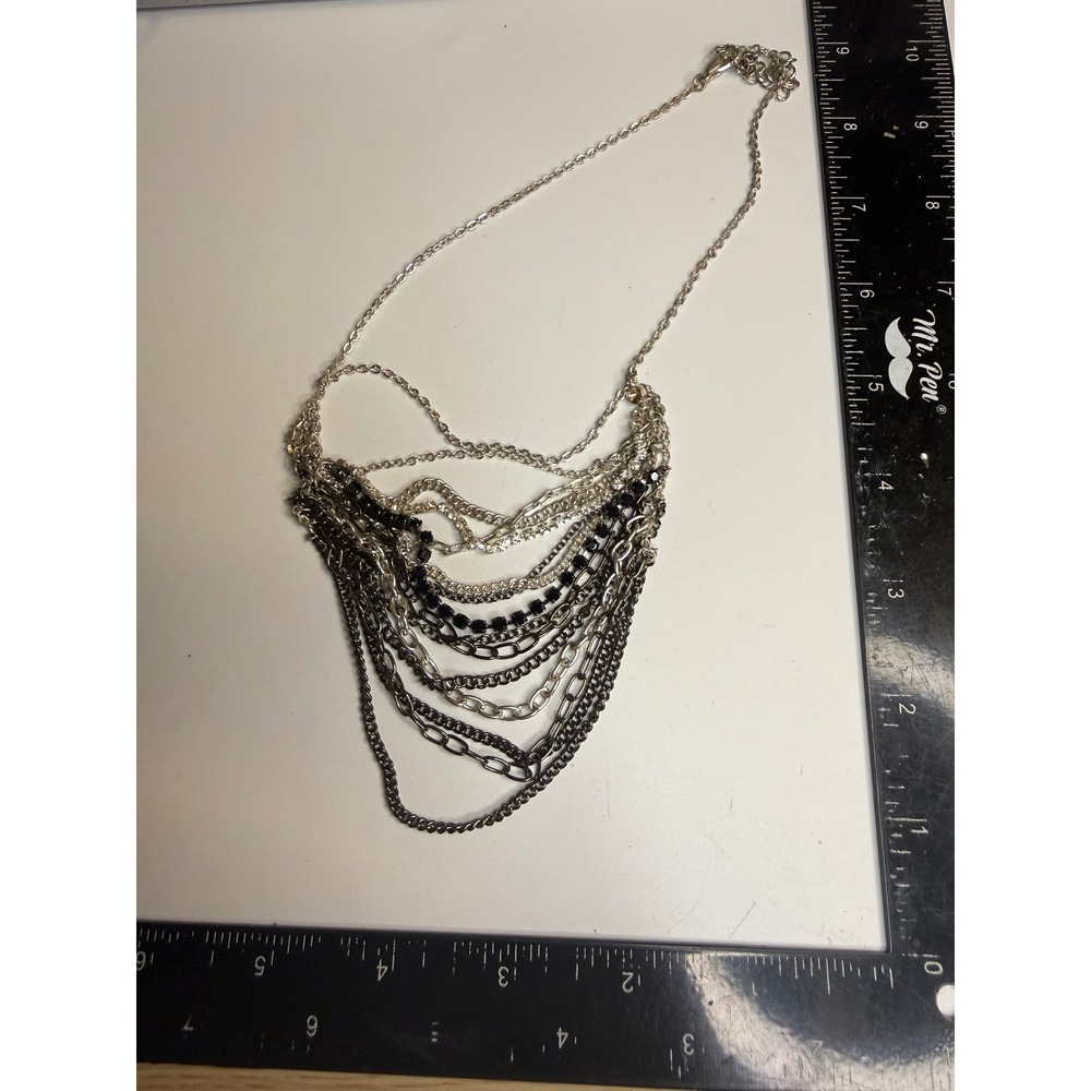 Multi Strand Bib Necklace Silver Gunmetal Tone Rhinestone Layered Chain Jewelry